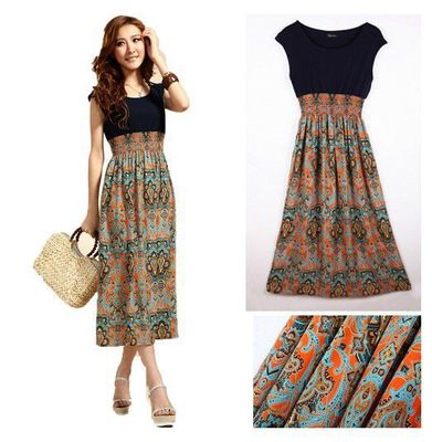 韩版拼接工艺女士碎花长裙 百顺服装批发打造高性价比时尚选择